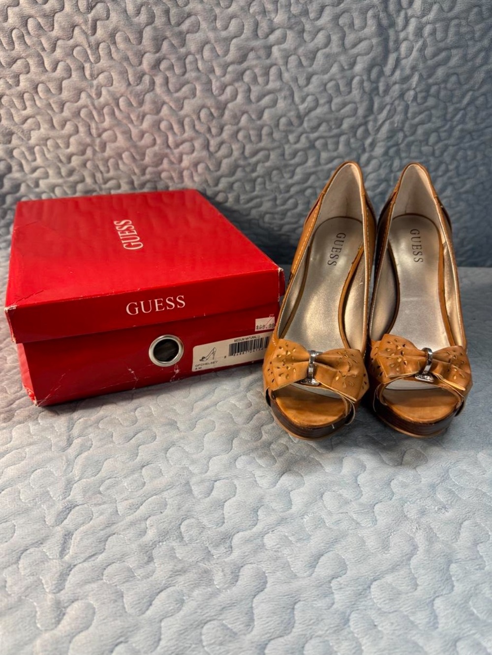 GUESS Tan Peep-Toe Heeled Sandals with Bow Detail